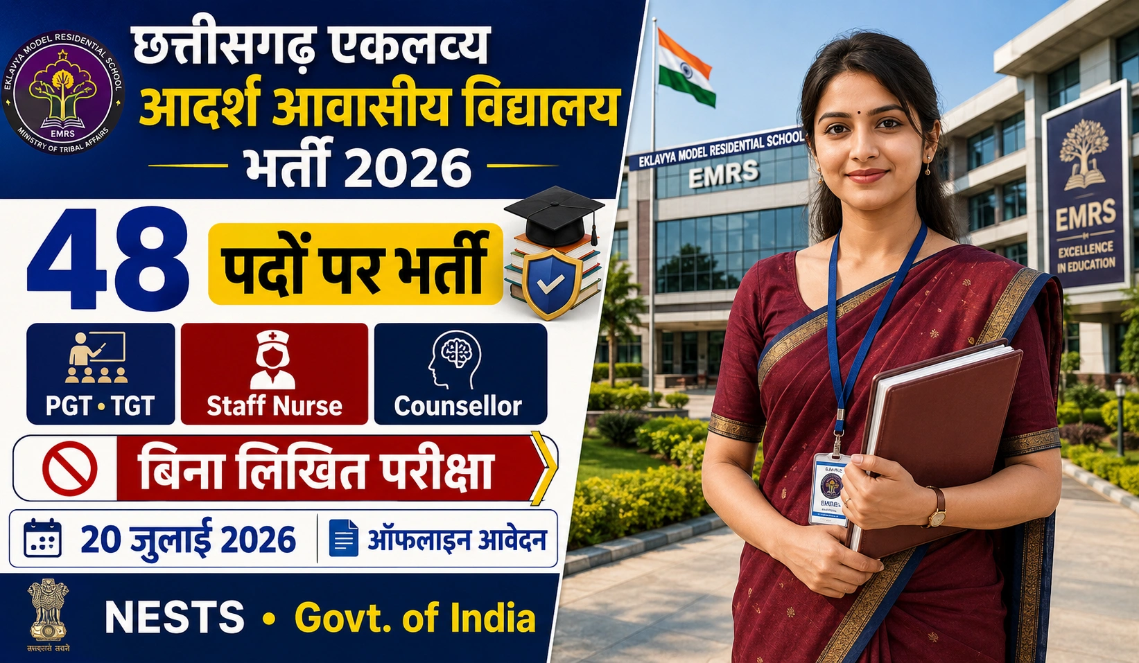 EMRS Jashpur Recruitment 2026: Apply Offline for 48 Guest Teacher, Staff Nurse & Counsellor Posts
