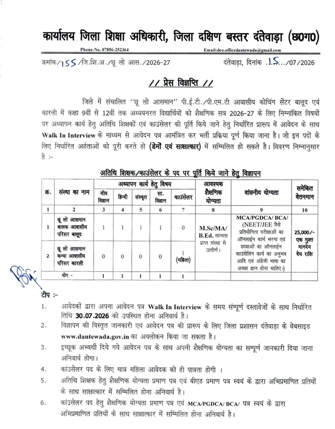 Dantewada Guest Teacher Vacancy 2026